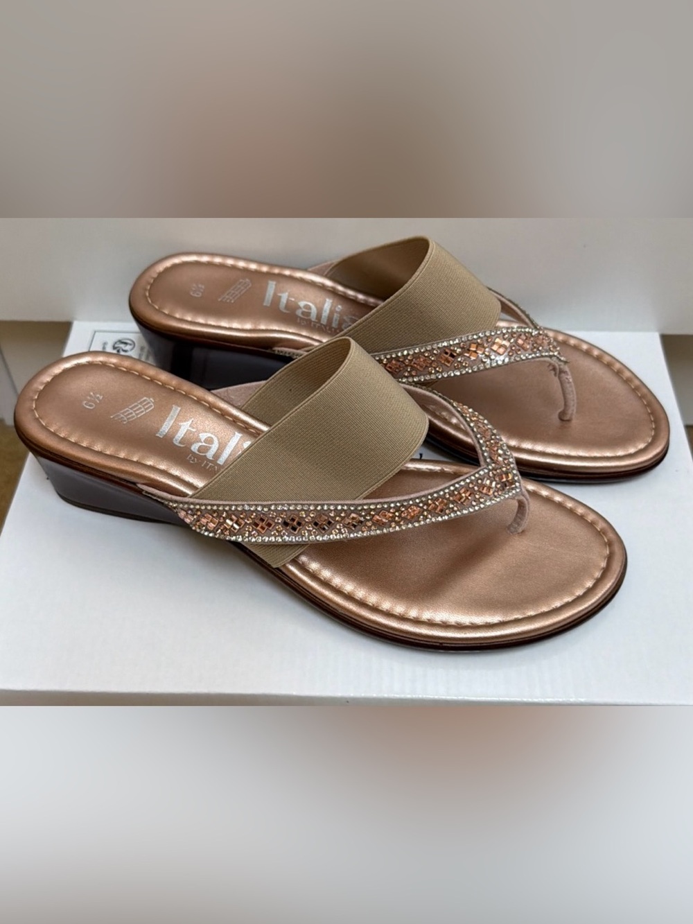 Italiana by Italian Shoemakers Jase Wedge Sandals Rose Gold Womens Sz 6.5